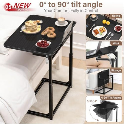 Extra Large Heavy Duty TV Tray Table, 23.6" Folding C-Shaped Laptop Desk for Couch & Bed, Height & Tilt Adjustable Overbed End Table with Phone/Tablet Slot, Easy Clean Black Finish for Small Spaces
