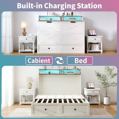 Vipbear Queen Murphy Bed Cabinet with LED Lights & Charging Station
