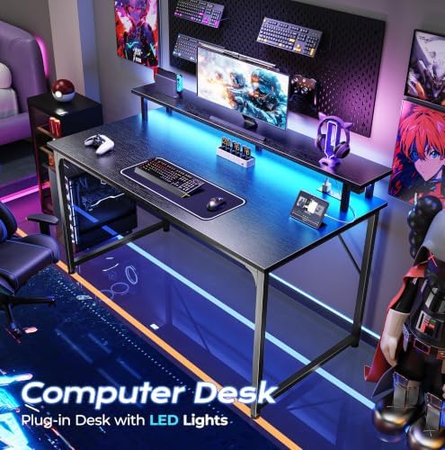 PRAISUN 40 inch Gaming Desk, LED & Power Outlets, Monitor Stand, Black