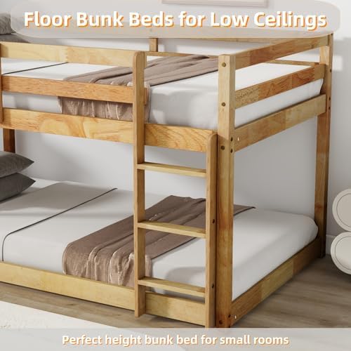 Bunk Bed Twin Over Twin, Floor Bunk Bed with Ladder, Safety Guard Rails, Heavy Duty Wooden Twin Bunk Beds Frame Low Bunkbeds No Box Spring Required, Natural