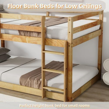 Bunk Bed Twin Over Twin, Floor Bunk Bed with Ladder, Safety Guard Rails, Heavy Duty Wooden Twin Bunk Beds Frame Low Bunkbeds No Box Spring Required, Natural