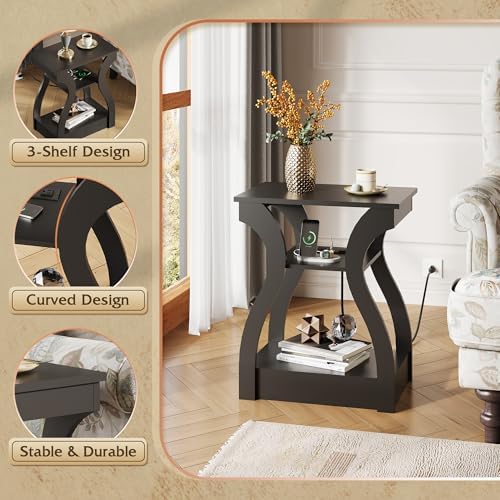 WLIVE End Tables Living Room Set of 2 with Charging Station Black