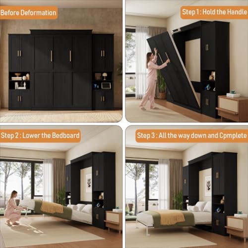 Murphy Bed Queen with 2 Storage Cabinets and USB Port, Black and Grey