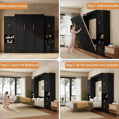 Murphy Bed Queen with 2 Storage Cabinets and USB Port, Black and Grey