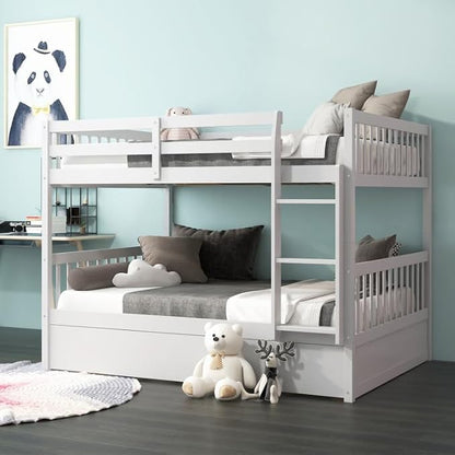 NAFORT Twin Over Twin Bunk Bed with Trundle, Solid Wood Bed Frame with Ladder & Safety Guardrails, Space Saving Bunk Bed for Kids Teens Adults Guest Room, Convertible Design, White