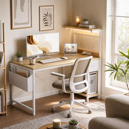 Grandder Computer Desk 40 Inch with Power Outlet and LED Light Oak