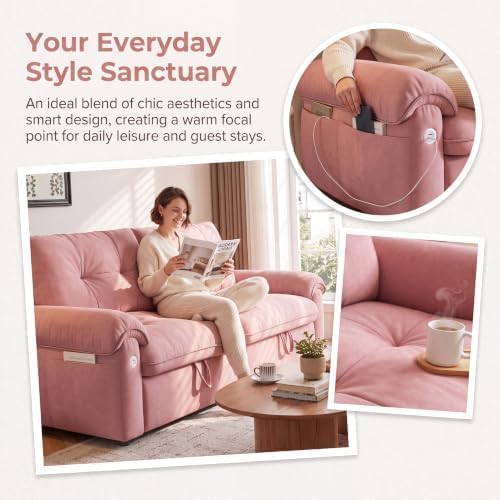 77" Convertible Queen Sofa Bed with USB Port & Side Pockets, Pink