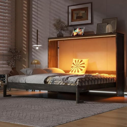 MERITLINE Queen Horizontal Murphy Bed with LED Lighting,Solid Wood Folding Farmhouse Murphy Wall Bed Cabinet for Adults, Space-Saving Hideaway (Brown,Queen)