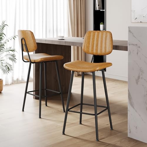 Raynesys 29-Inch Leather Bar Stools Set of 2 with High Backrest, Brown