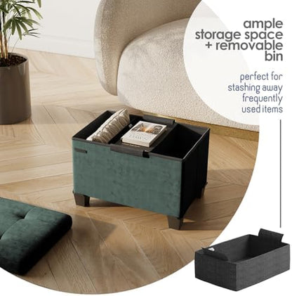 Storage Ottoman Cube with Small Bin, 16-in Square Ottoman with Storage for Living Room and Bedroom, Small Ottomans Foot Rest, Velvet Foot Stools Ottomans Max 330lbs, Green