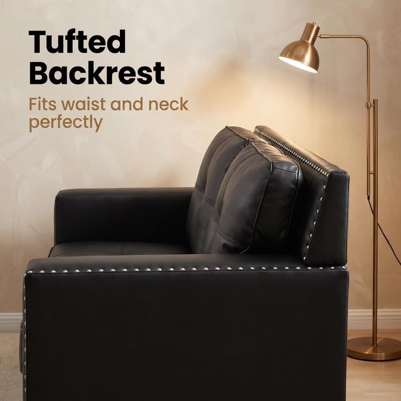 3-Piece Faux Leather Sofa Set, Modern Living Room Couch Set with 3-Seater, Loveseat, and Armchair with Tufted Backrest & Nailhead Trim for Apartment, Office and Small Spaces (Black)