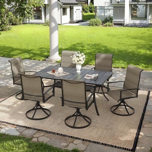 7PCS Outdoor Dining Set, 59.2" Rectangle Table, 6 Swivel Chairs, Brown