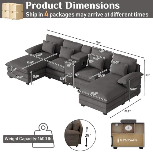 130" U Shaped Cloud Couch with Cat House,2 Chaise,Sensor Light, Stone Grey