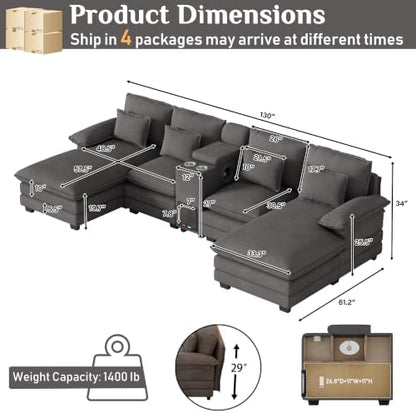 130" U Shaped Cloud Couch with Cat House,2 Chaise,Sensor Light, Stone Grey