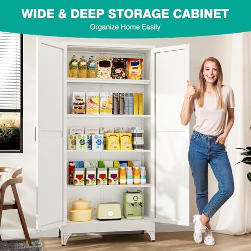 SISESOL 75" Tall Pantry Cabinet,Wide & Deep Farmhouse Kitchen Pantry Storage Cabinets with 2 Doors and 5 Shelves,White Metal Storage Cabinet,Large Cupboard for Home,Kitchen,Dining/Living Room