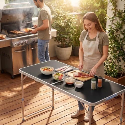 VINGLI 4FT White Folding Table with Carrying Handle Height Adjustable Lightweight Fold Up Portable for Indoor Outdoor Picnic,Camping,Hiking,Fishing,BBQ …