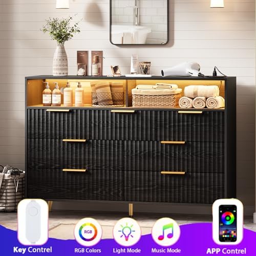 53.9"W 7 Drawer Dresser for Bedroom with LED and Charging Station, Black