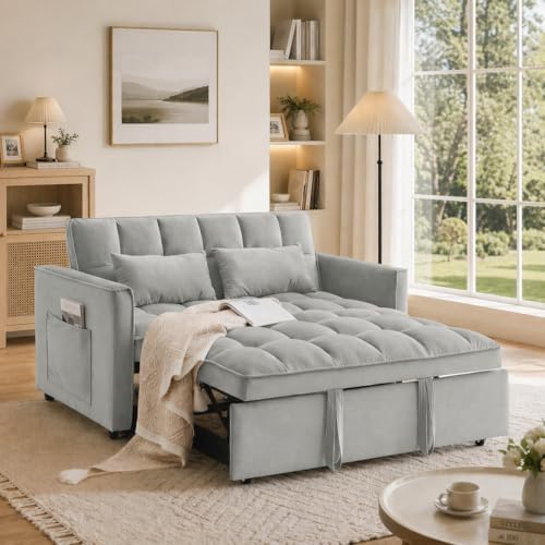 54'' Sleeper Sofa Bed, Convertible Pull Out Couch Futon with Side Pockets, Velvet Loveseat Sofa Bed with Adjustable Backrest, Armrest Pillows for Living Room Dorm Apartment, Light Gray