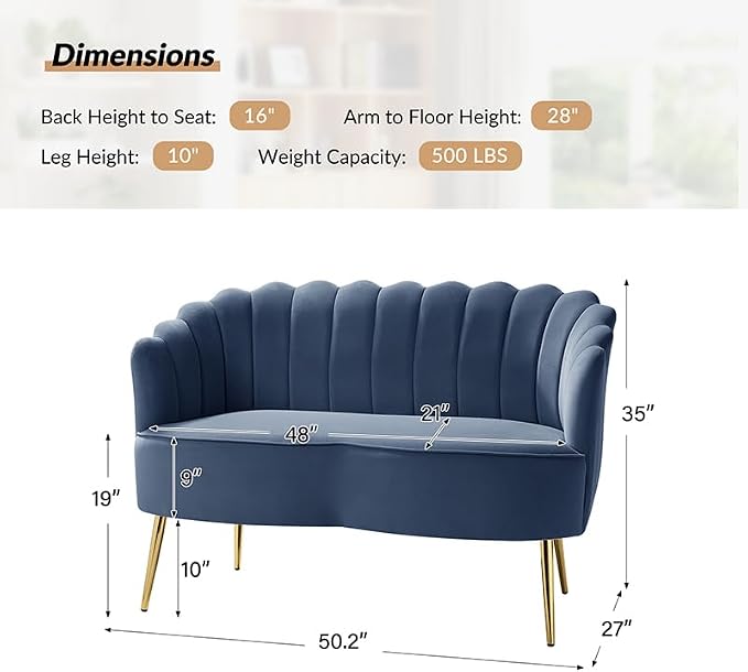 Velvet Upholstered Loveseat Sofa with Gold Metal Legs, Modern Comfy Small Love Seat with Flower Shaped Back, 2-Seater Sofa Accent Couch for Living Bedroom Leisure Areas, Slate Blue