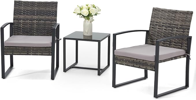 Bezseller 3 Pieces Patio Furniture Set, Outdoor Rattan Bistro Set with Coffee Table, Durable Steel Frame with Strapped Cushions for Garden, Balcony, Poolside, Backyard