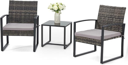 Bezseller 3 Pieces Patio Furniture Set, Outdoor Rattan Bistro Set with Coffee Table, Durable Steel Frame with Strapped Cushions for Garden, Balcony, Poolside, Backyard
