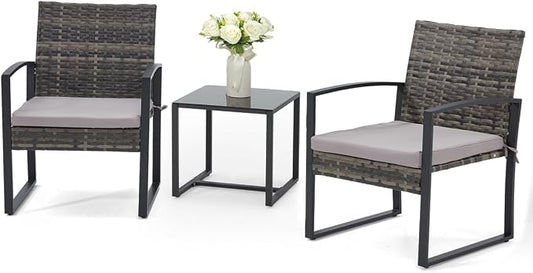 Bezseller 3 Pieces Patio Furniture Set, Outdoor Rattan Bistro Set with Coffee Table, Durable Steel Frame with Strapped Cushions for Garden, Balcony, Poolside, Backyard