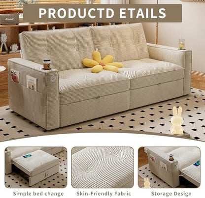 healthomse 73.2" Pull Out Couch, Queen Sleeper Sofa Bed, 3-in-1 Convertible Sofa Bed, Modern Corduroy Couch with Cup Holder and USB Ports, for Living Rooms, RV-Friendly, Small Spaces (Beige)