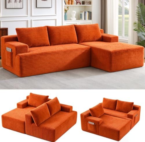 97" Cloud Boneless Couch, L-Shaped Sectional Sofa for Living Room, Orange