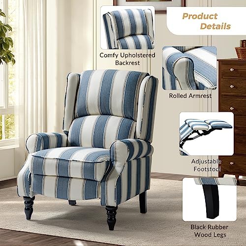 HULALA HOME Upholstered Wingback Recliner Chair Set of 2, Small Adjustable Footrest Push Back Single Reclining Sofa, Mid Century Modern Lounge Armchair for Living Room, Bedroom, Reading/Stripe Navy