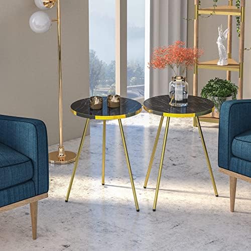 Set of 2 END Tables Marble Look Wood Round Sofa Nesting Side Table for Small Spaces, Nightstand Bedside Table NO-Tools Assembly (Black Marble/Gray)