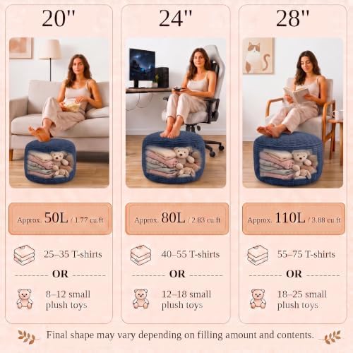 Round Pouf Ottoman Cover Only, Navy Blue, 20"x13", Small Storage Cover