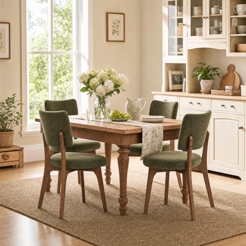 YOUNIKE Wooden Dining Chairs Set of 4, Chenille Fabric Upholstered Dining Room Chairs Kitchen Side Chairs, Farmhouse Dinner Chairs with Solid Wood Legs for Kitchen Dining Vanity, Green