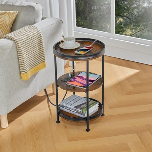 Dulcii Round Side Table with Charging Station, End Table with 3 Shelves for Living Room, Bedroom Nightstand for Small Spaces, Industrial Round Sofa Table with Steel Frame (USB+Rustic Brown)