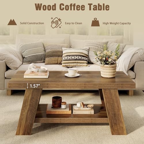 Tohomeor 47.24" Coffee Table for Living Room, Farmhouse Wooden Coffee Table with Storage, Rectangle Rustic Accent Center Table with for Home Apartment Office, Retro Brown