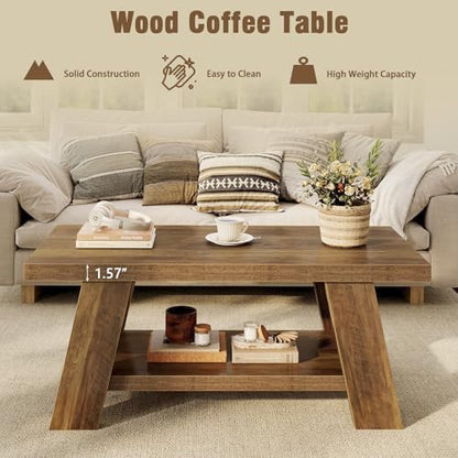 Tohomeor 47.24" Coffee Table for Living Room, Farmhouse Wooden Coffee Table with Storage, Rectangle Rustic Accent Center Table with for Home Apartment Office, Retro Brown