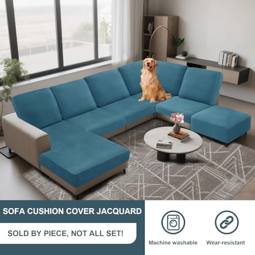UNBBRRL Seat Cushion Cover and Back Covers for Corner Sofa Stretch Jacquard, Non Slip L Shaped Sofa Slipcover with Storage Ottoman, Sectional Couch Cover for Chaise Lounge (Blue,31 x 73 x 6”)