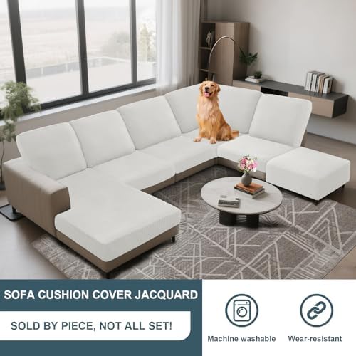 UNBBRRL Seat Cushion Cover and Back Covers for Corner Sofa Stretch Jacquard, Non Slip L Shaped Sofa Slipcover with Storage Ottoman, Sectional Couch Cover for Chaise Lounge (White,24 x 67 x 6”)