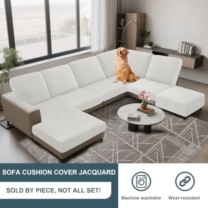 UNBBRRL Seat Cushion Cover and Back Covers for Corner Sofa Stretch Jacquard, Non Slip L Shaped Sofa Slipcover with Storage Ottoman, Sectional Couch Cover for Chaise Lounge (White,47 x 61 x 6”)