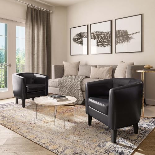 BELLEZE Accent Barrel Chair, Set of 2 Faux Leather Round Club Tub Sofa Corner Chair with Flared Legs and Cozy Soft Padding for Living Room Bedroom Waiting Room - Black