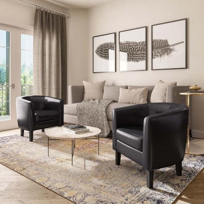 BELLEZE Accent Barrel Chair, Set of 2 Faux Leather Round Club Tub Sofa Corner Chair with Flared Legs and Cozy Soft Padding for Living Room Bedroom Waiting Room - Black