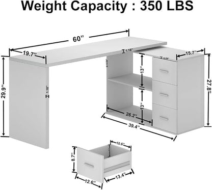 HSH White L Shaped Desk with Drawers Shelves, Corner Home Office Desk L Shape with Storage Cabinet, Large Wood Computer Desk for PC Executive Work Writing Study, Modern Living Room Bedroom Table,60 In