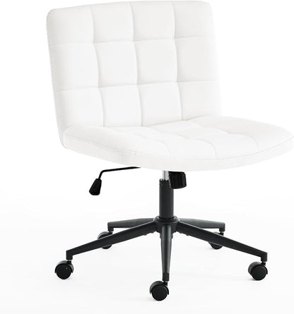 Furnimart Swivel Criss Cross Legged Chair with Wheels for Home Office, Wide Armless Desk Chair Height Adjustable Comfy Seat for Desk,Vanity, Bedroom, PU Ivory White