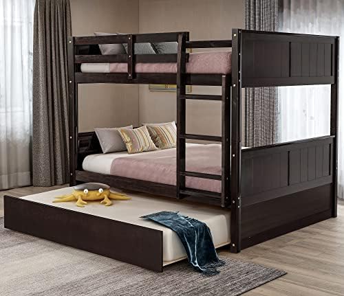 Merax Trundle Bunk Bed, Full Over Full Wood Bunk Bed with Twin Size Trundle, Guardrail and Ladder, Can be Separated into 2 Beds, Espresso