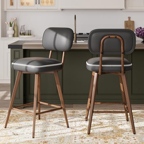 MALOL 26“ Mid Century Leather Swivel Bar Stools Set of 2, Black