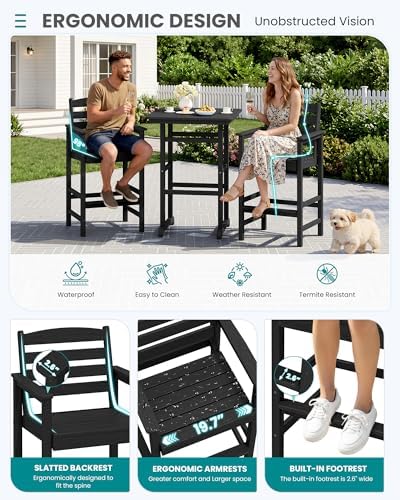 SERWALL 4 Pcs HDPE Bar Height Adirondack Chairs and Bar Table Set, Black