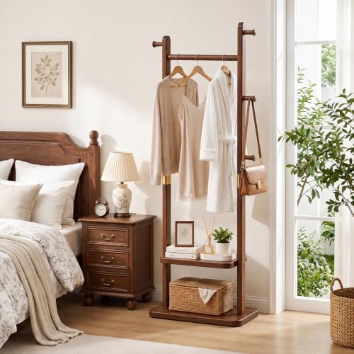 Solid Wood Coat Rack, Freestanding Clothing Rack with 2 Shelves Storage & 5 Hooks, Heavy Duty Clothes Rack Stand for Hall, Bedroom, Living Room