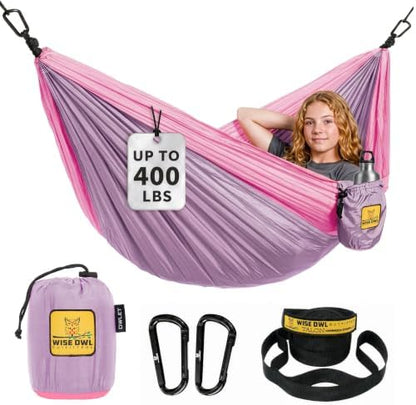 Wise Owl Outfitters Kids Hammock - Small Camping Hammock, Kids Camping Gear w/Tree Straps and Carabiners for Indoor/Outdoor Use, Kid Size Lavender & Pink