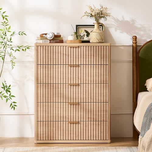 LEYAOYAO Fluted 5 Drawers Dresser for Bedroom Set of 2, 41" Tall Modern Chest of Drawers with Metal Handle, Curved Profile Design,Natural Wood Drawer Organizer for Bedroom, Living Room, Hallway