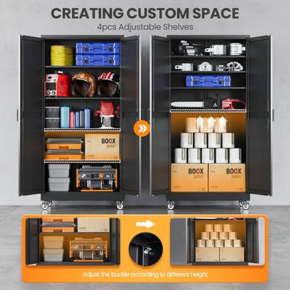 72" Tall Rolling Metal Garage Cabinets, Wheeled Black Storage Cabinet