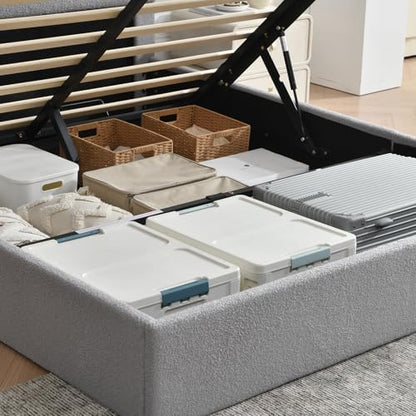 VELOCAVA Full Size Lift-Up Storage Bed, Modern Upholstered Boucle Bed with Curved Headboard, Gas Lift Platform, Sturdy Wooden Slat Support, No Box Spring Needed, Easy Assembly, Light Gray